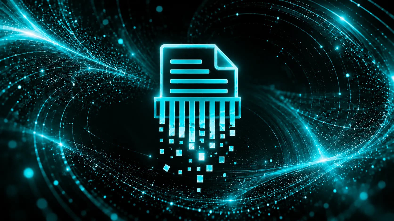 Glowing teal document shredder emblem in a vortex of light particles