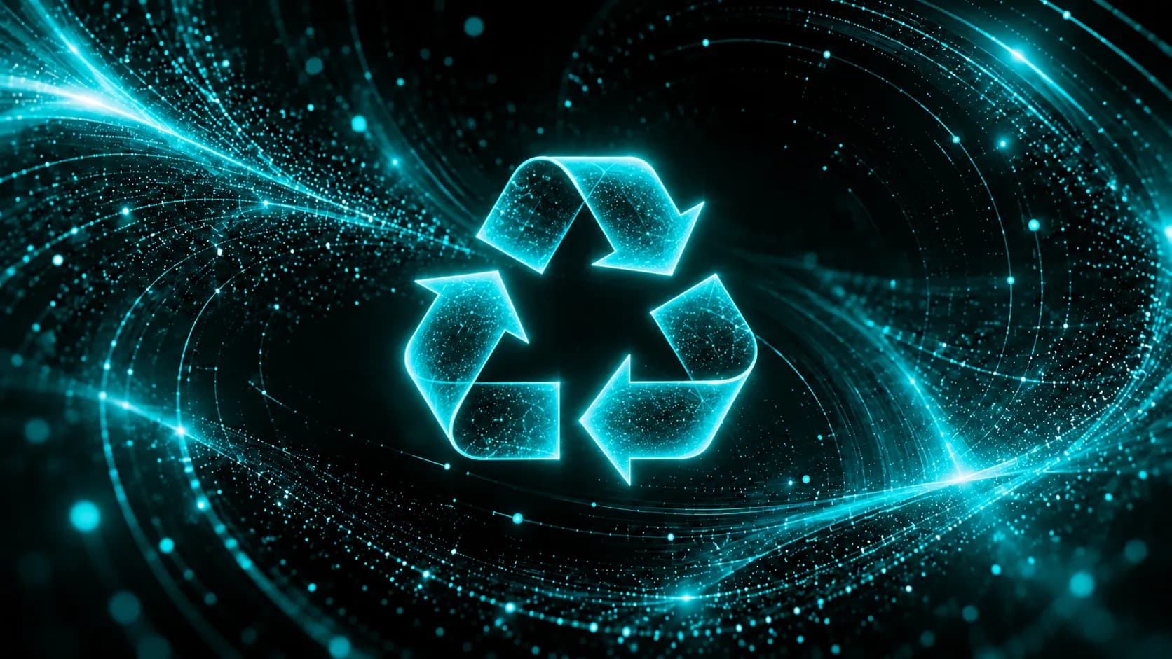 Glowing teal recycling emblem in a vortex of light particles