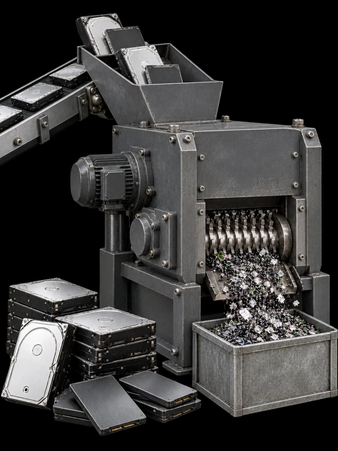 Hard drives riding a conveyor into an industrial shredder that drops shredded fragments into a steel bin