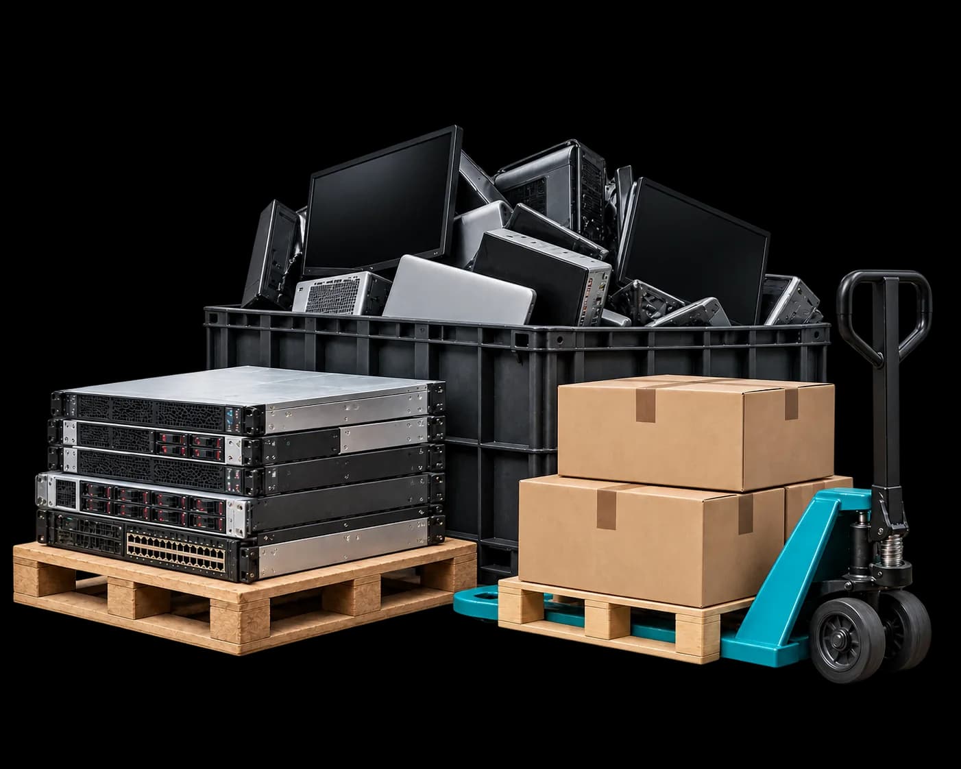 Pallets of retired servers and boxed equipment beside a bin of old monitors and laptops